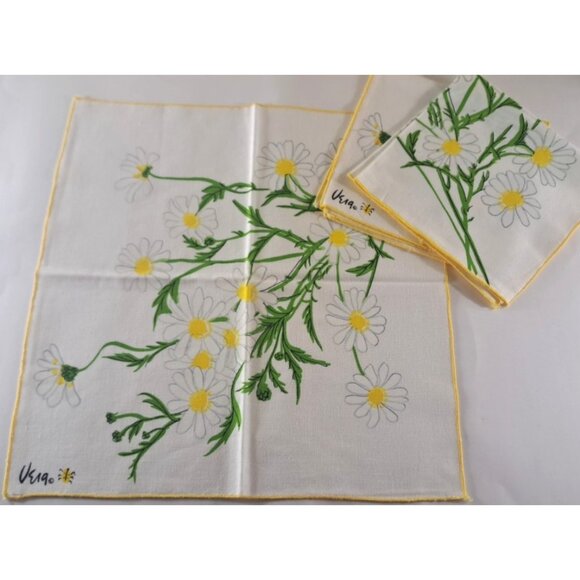 Vintage VERA Neumann Linen Napkins Daisy Set of 3 White Yellow Green 16" - Picture 1 of 3